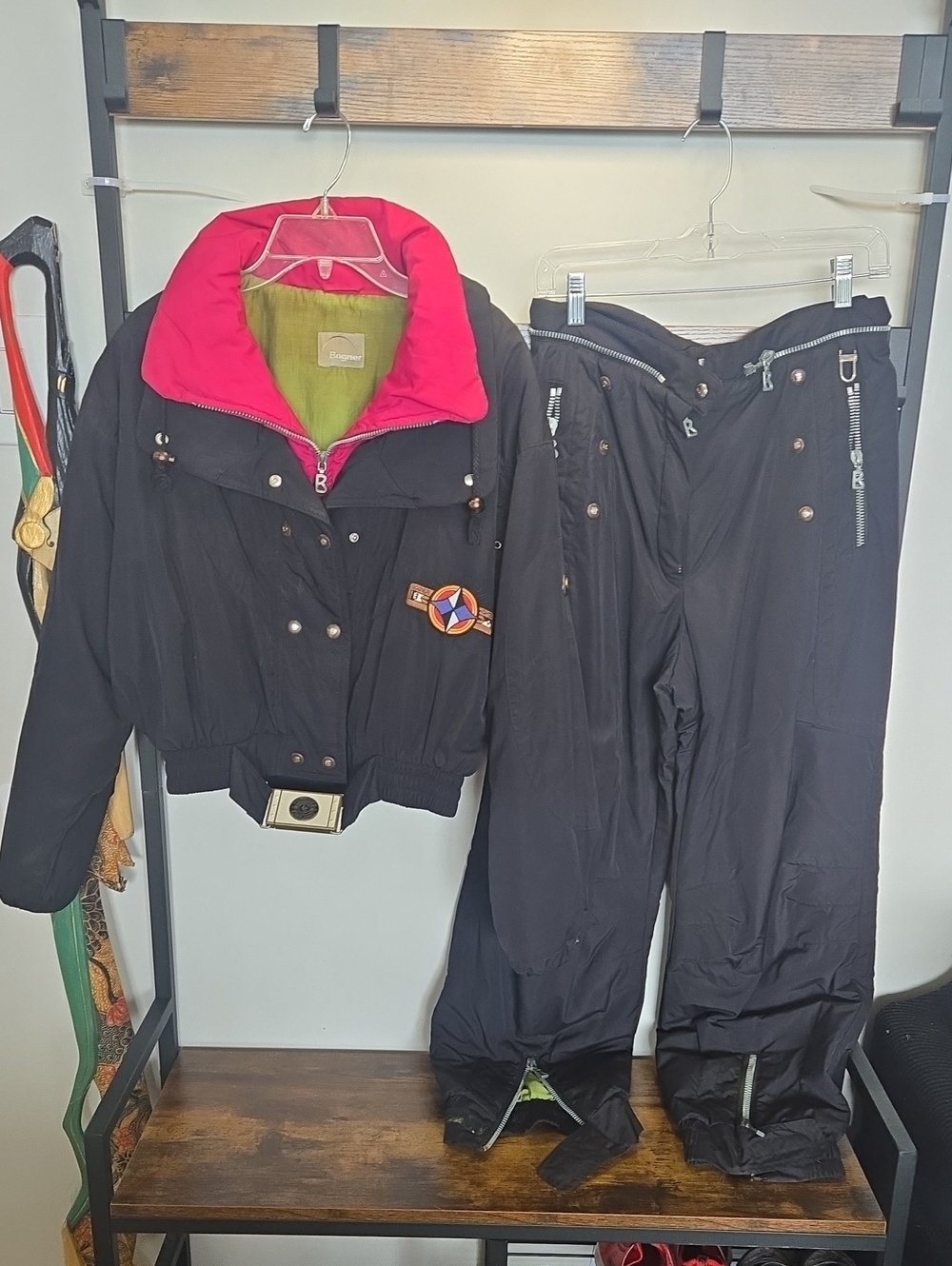 Vtg BOGNER Black Ski Jacket & Detachable Ski Pants Set with Hot Pink Collar